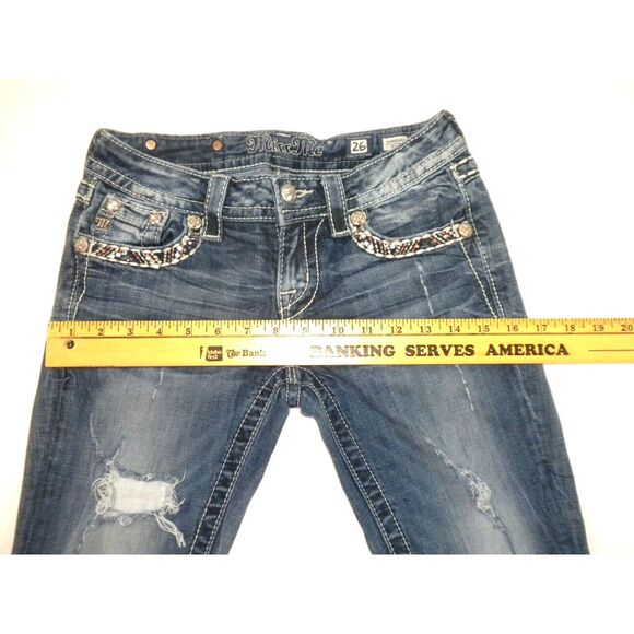 Miss Me Jeans 26 Blue Denim Signature Boot Rhinestone Embellished Distressed - Picture 14 of 16